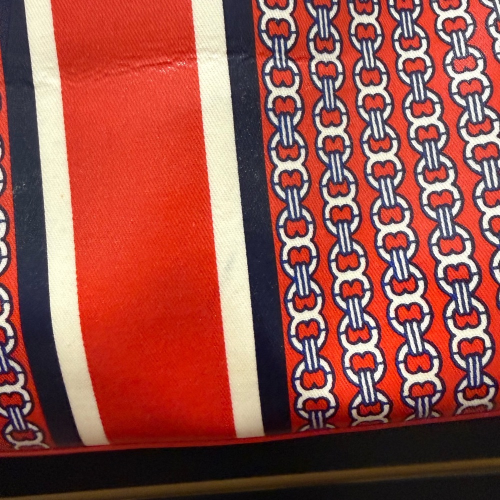 Tory Burch Red Logo Stripe Coated Canvas Tote Shoulder Bag - Picture 5 of 9
